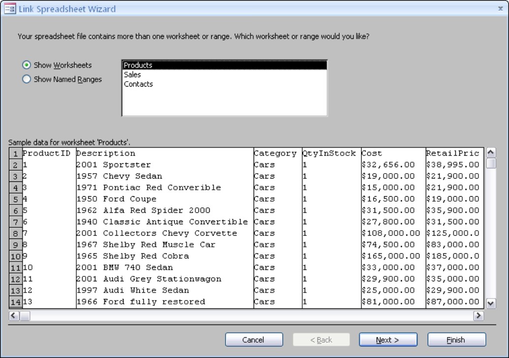 The main Link Spreadsheet Wizard screen